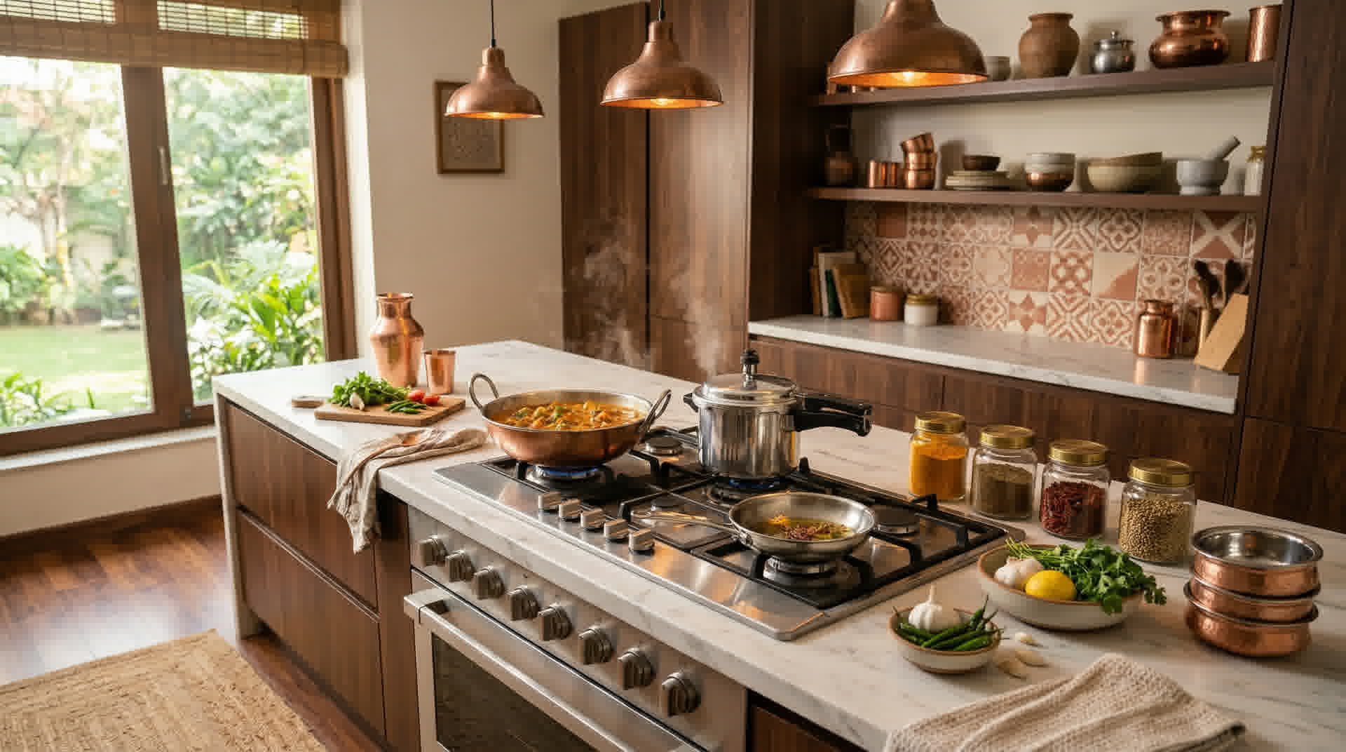 Modern Indian kitchen with gas stove, pressure cooker, and spices