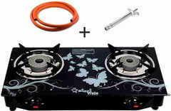 Sigri-wala Lighter & Hose Pipe ISI Certified 2 Burner Design Combo Glass Manual Gas Stove (2 Burners)