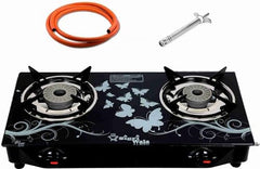 Sigri-wala Lighter & Hose Pipe ISI Certified 2 Burner Design Combo Glass Manual Gas Stove (2 Burners)