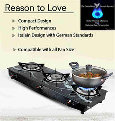 Sigri-wala 3B PNG/CNG Compatible Stainless Steel, Glass Manual Gas Stove (3 Burners)