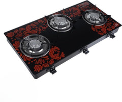 Sigri-wala ISI Certified Red Design Tornado Burner Glass Automatic Gas Stove (3 Burners)