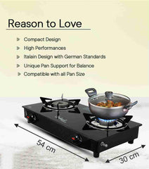 Sigri-wala 2B PNG/CNG Compatible Black Glass Manual Gas Stove (2 Burners)