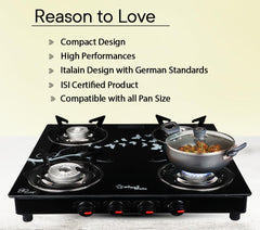 Sigri-wala 4B PNG/CNG Compatible Stainless Steel, Glass Manual Gas Stove (4 Burners)