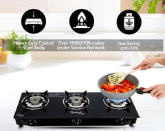 Sigri-wala 3B PNG/CNG Compatible Black Glass Manual Gas Stove (3 Burners)