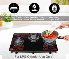 Sigri-wala ISI Certified Red Design Tornado Burner Glass Automatic Gas Stove (3 Burners)