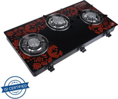 Sigri-wala ISI Certified Red Design Tornado Burner Glass Automatic Gas Stove (3 Burners)