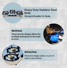 Sigri-wala Classis Stainless Steel ISI Certified 3 Burner Stainless Steel Manual Gas Stove (3 Burners)