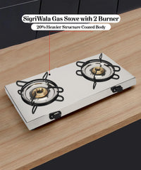 Sigri-wala Ultra Slim High Grade Steel body Stainless Steel JointLess 2 Burner Glass Manual Gas Stove (2 Burners)