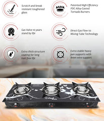 Sigri-wala SIGRI-3B-BLKD-CUTE Glass Manual Gas Stove (3 Burners)