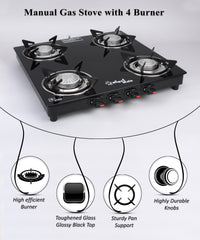 Sigri-wala 4B PNG/CNG Compatible Glass Manual Gas Stove (4 Burners)