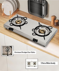 Sigri-wala Ultra Slim High Grade Steel body Stainless Steel JointLess 2 Burner Glass Manual Gas Stove (2 Burners)