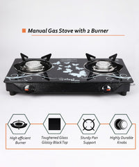 Sigri-wala Surya Toughened Glass Door Step Glass Manual Gas Stove (2 Burners)