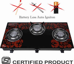 Sigri-wala ISI Certified Red Design Tornado Burner Glass Automatic Gas Stove (3 Burners)