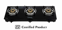 SigriWala Gas Stove 3 Burner, Toughened Glass Top, Auto Ignition, Black (ISI Certified, Door Step Service, 300 Days Warranty)