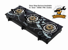 SigriWala Gas Stove 3 Burner, Toughened Glass Top, Auto Ignition, Designer (ISI Certified, Door Step Service, 300 Days Warranty)
