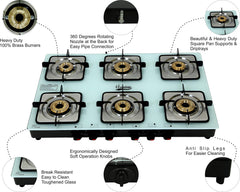 Hamlay Toughened Glass Manual Ignition 6 Burner Gas Stove ( LPG Compatible, White)