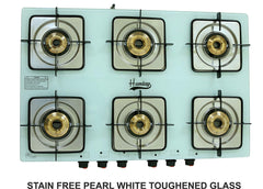 Hamlay Toughened Glass Manual Ignition 6 Burner Gas Stove ( LPG Compatible, White)