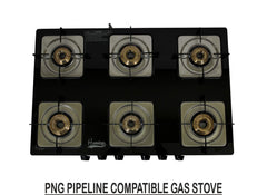 Hamlay Toughened Glass 6 Burners, Manual Ignition LPG Compatible Gas Stove (Black)